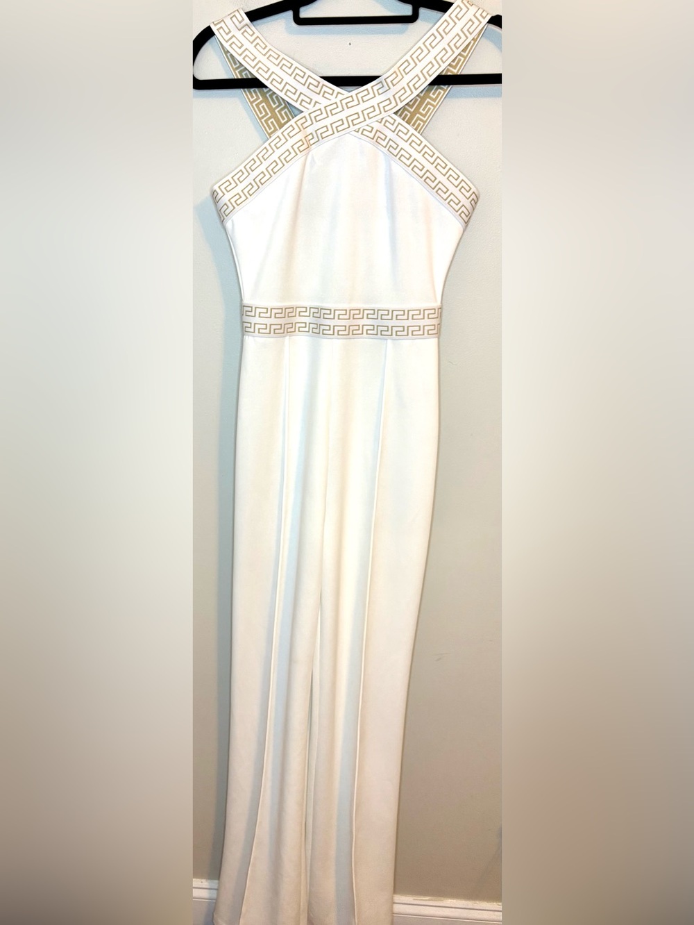 Ms. Bling White Gold Greek Key Criss Cross Wide Leg Jumpsuit Size S